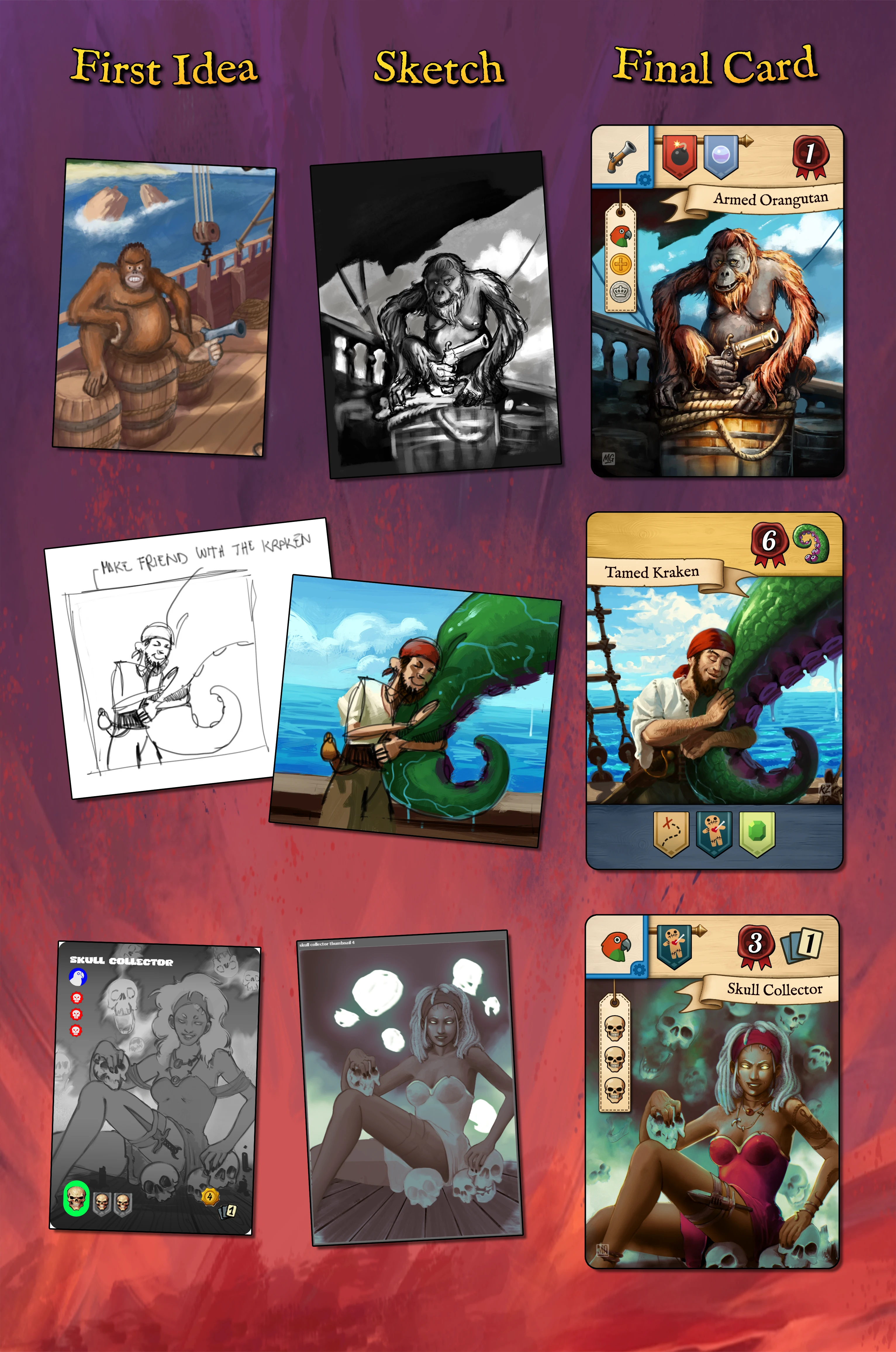Three cards shown at each stage of the process: first idea, artist's sketch, and final card.